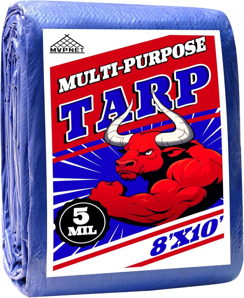 MVPNET Tarp 8x10 ft 100% Waterproof Uv Resistant High Durability Multipurpose 5mil Blue Tarp for Covering Courtyards, Cars, Camping, Gardens, Pet Nests -by - Image 1